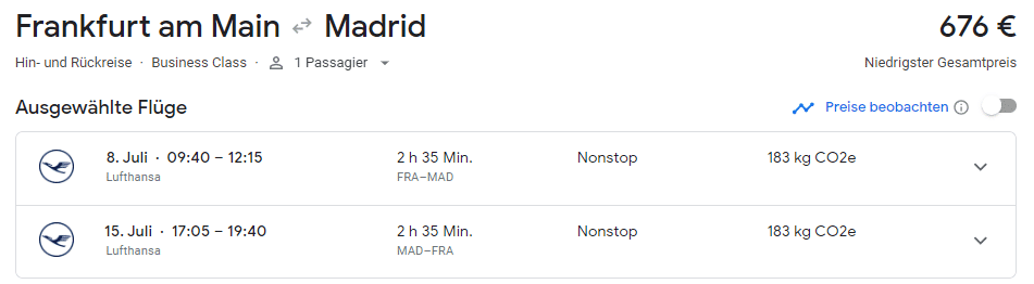 Lufthansa Buchung Beispiel Frankfurt Madrid Business