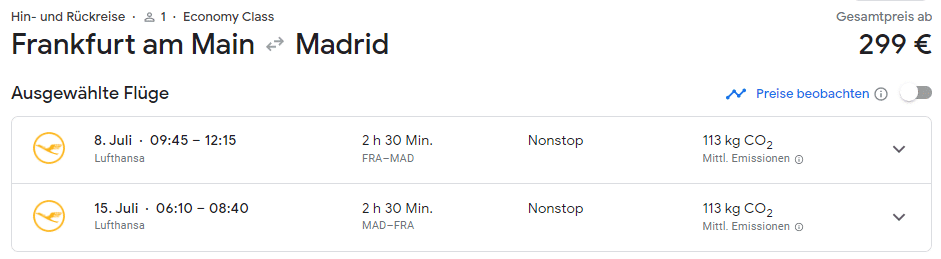 Lufthansa Buchung Beispiel Frankfurt Madrid Economy