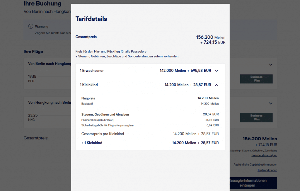 Miles&More Beispiel Prämienflugsuche Tarifdetails Kleinkind