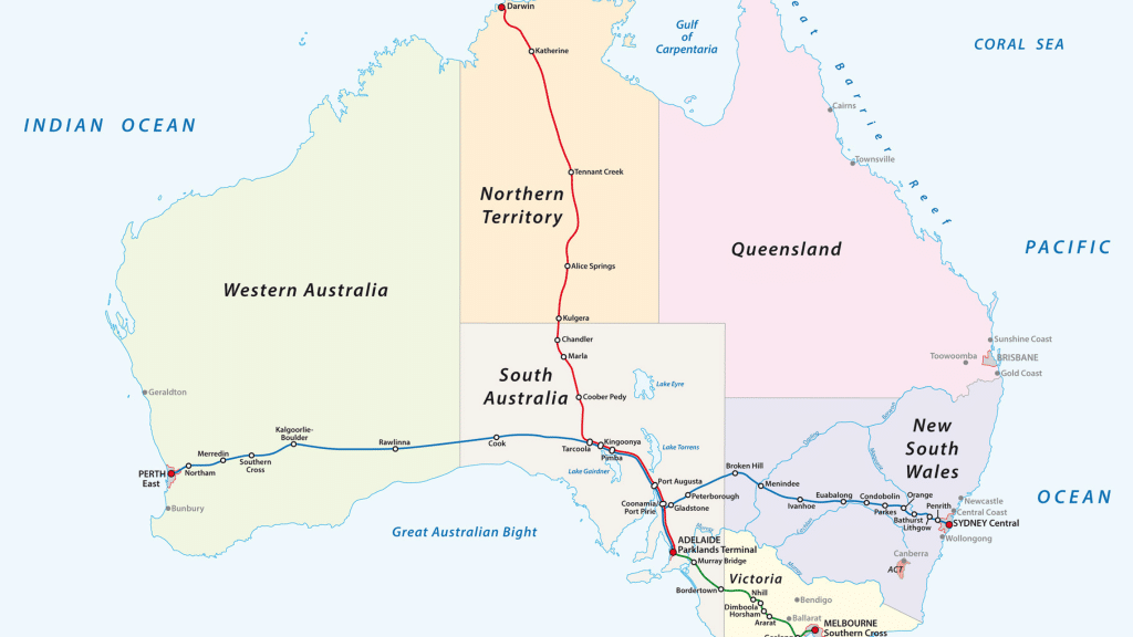 Australien Fernverkehrsstrecke, Karte von Australien