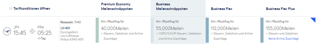 Wert von Miles & More Meilen Business Meilenschnäppchen FRA JFK