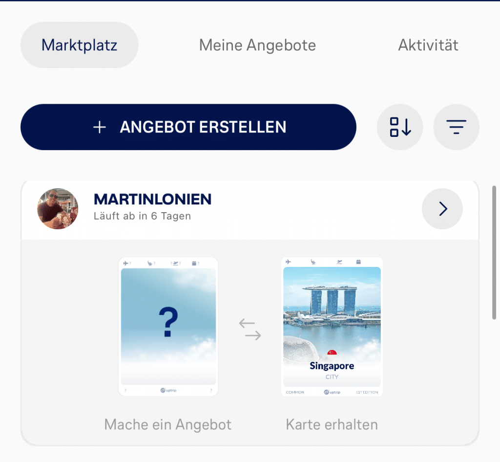 Der UpTrip Marktplatz bietet die Möglichkeit Eure Karten zu tauschen