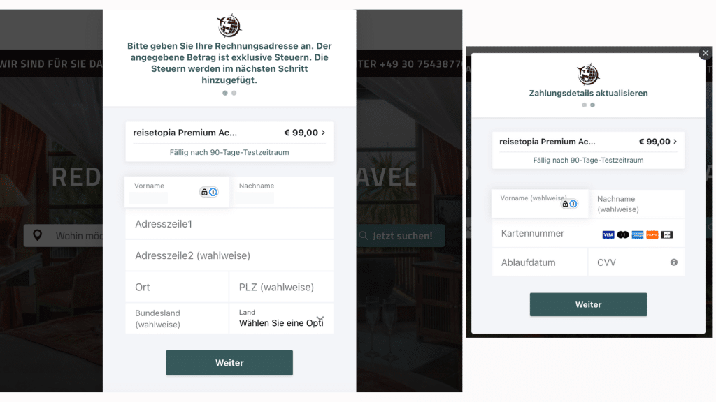 Reisetopia Hotels Membership Account Bezahlvorgang
