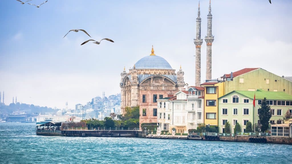 Ortakoy Mosque Or Buyuk Mecidiye Camii And Bosphorus Channel In Istanbul View