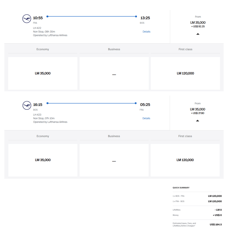 Avianca LifeMIles Beispiel Meilenflug FRA BOS FRA Inkl. Steuersumme FIRST