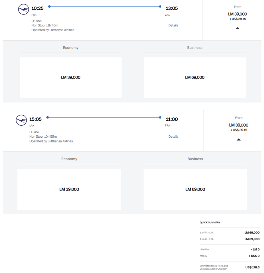 Avianca LifeMIles Beispiel Meilenflug FRA LAX FRA Inkl. Steuersumme