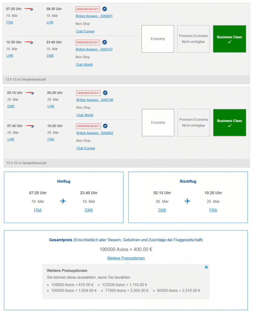 BA Avios Business Class FRA DXB Nebenreisezeit Prämie