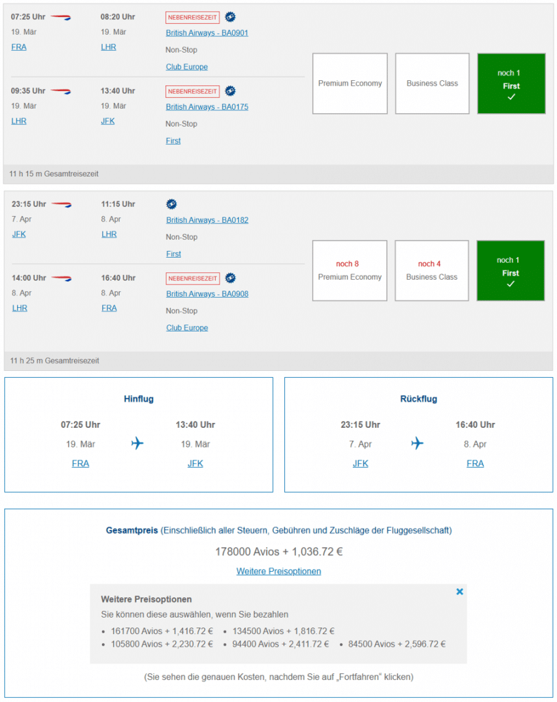 BA Avios First Class FRA LHR JFK NebenreisezeitHauptreisezeit Prämie