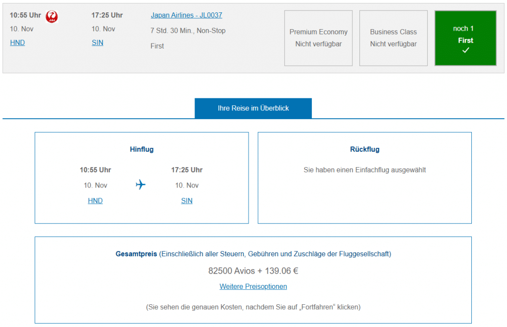 BA Avios Prämienflug Mit JAL First Class HND SIN