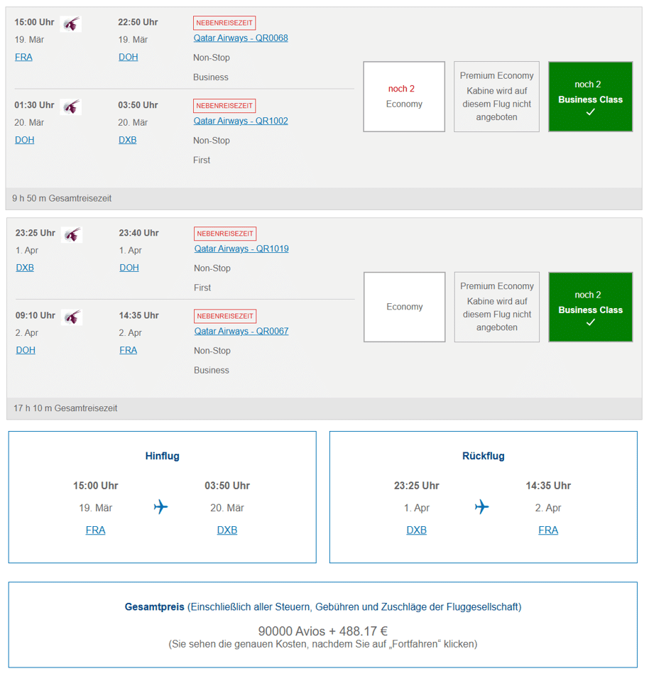 BA Executive Club Avios Buchung Qatar Business Class