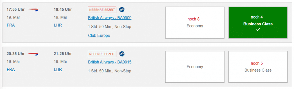 British Airways Prämenflugsuche Kurzstrecke Business 1