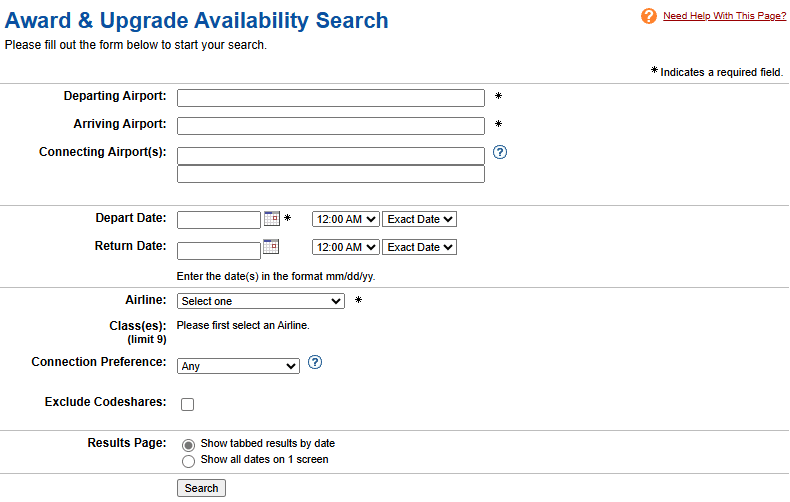 ExpertFlyer Award Upgrade Availability Search Start