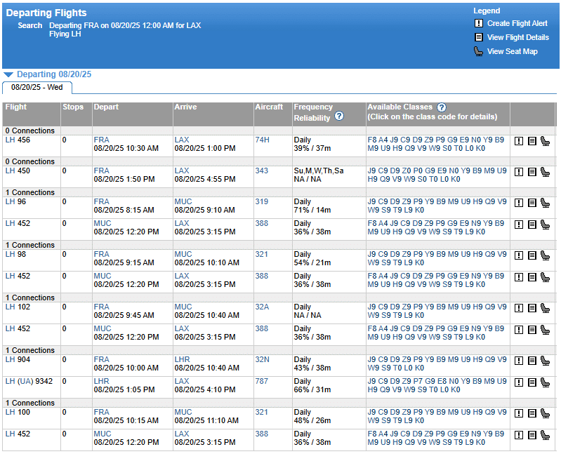 ExpertFlyer Beispiel Flight Availability Results