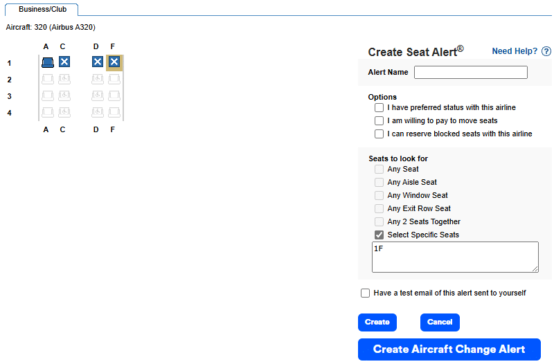 ExpertFlyer Create Seat Alert® BA Club Europe Sitz 1F