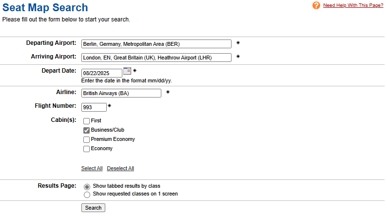 ExpertFlyer Seat Map Search