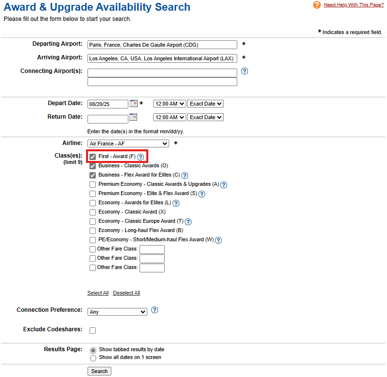 ExpertFlyer Upgrade Availability Results Air France 1