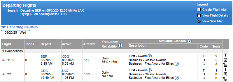 ExpertFlyer Upgrade Availability Results Air France 7