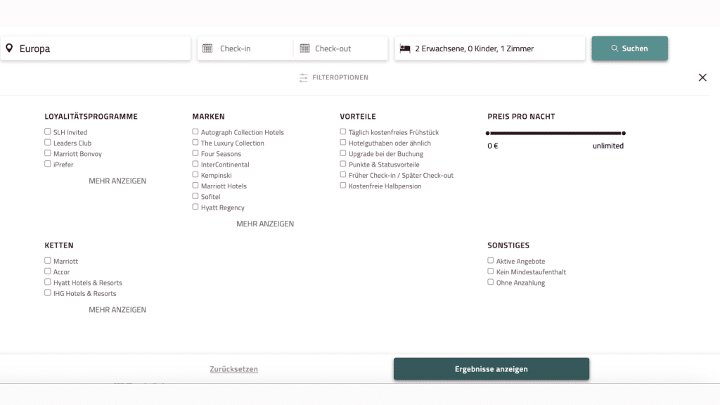 Reisetopia Hotels Suche Karte Filteroptionen