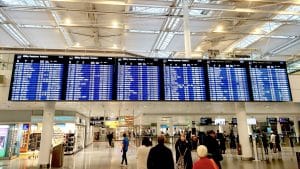 Busy Airport Terminal With Passengers And Digital Departure Board