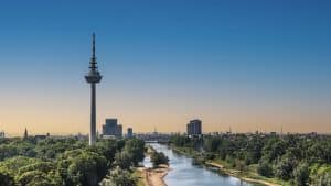 View To The Fernmeldeturm And River Neckar In Mannheim, Germany. Television TV Telecommunications Tower. Beautiful Evening Light. Copy Space.