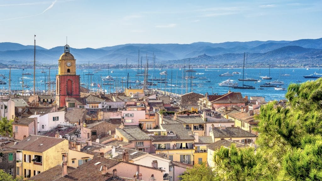 Scenic View Of Saint Tropez In Summer Day Light Against Blue Sky