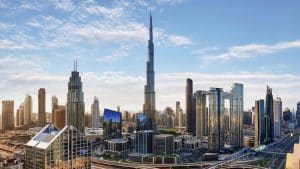 Dubai Skyline At Sunset With Traffic Aerial View, United Arab Emirates