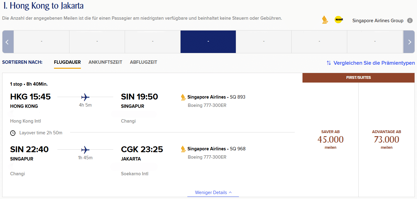 KrisFlyer Award Search HKG CGK First Class Singpore Airlines