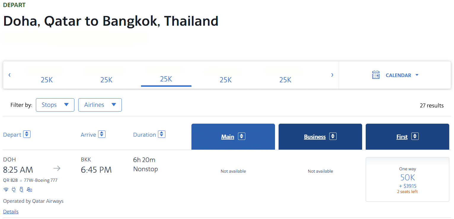 AAdvantage Award Flight Doha Bangkok First Class