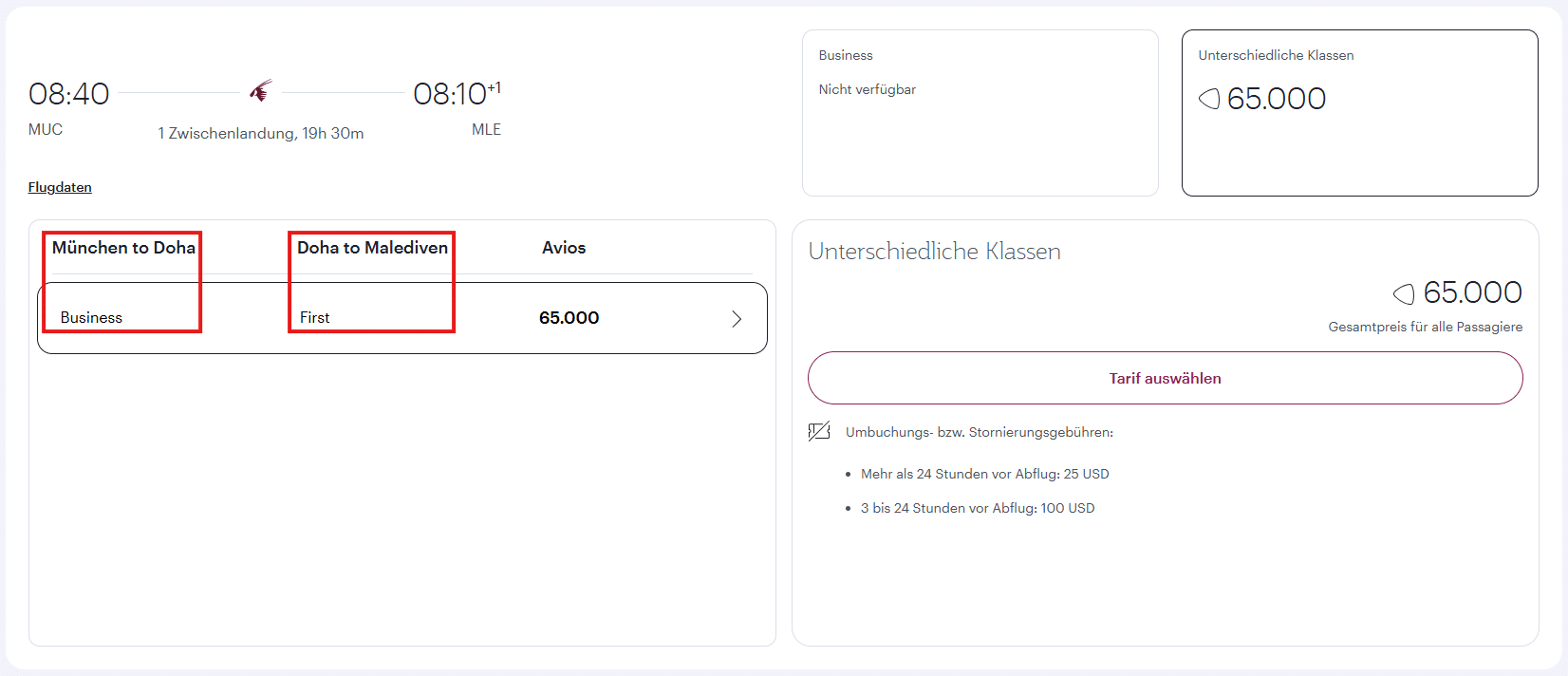 QR Club Award Flight München Doha Male Business First Class Mix