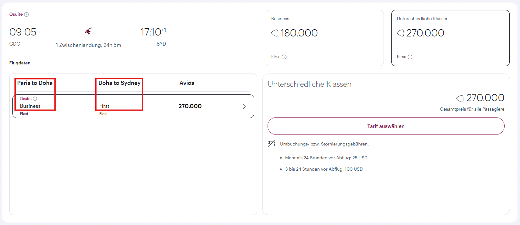 QR Club Award Flight Paris Doha Sydney Qsuite First Class Mix