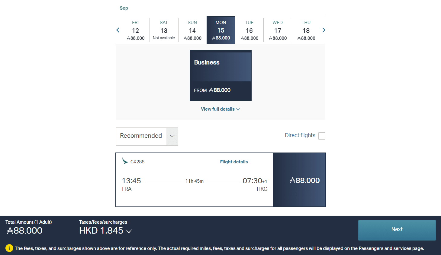 Award Flight Search FRA HKG Business CLass Cathay Pacific
