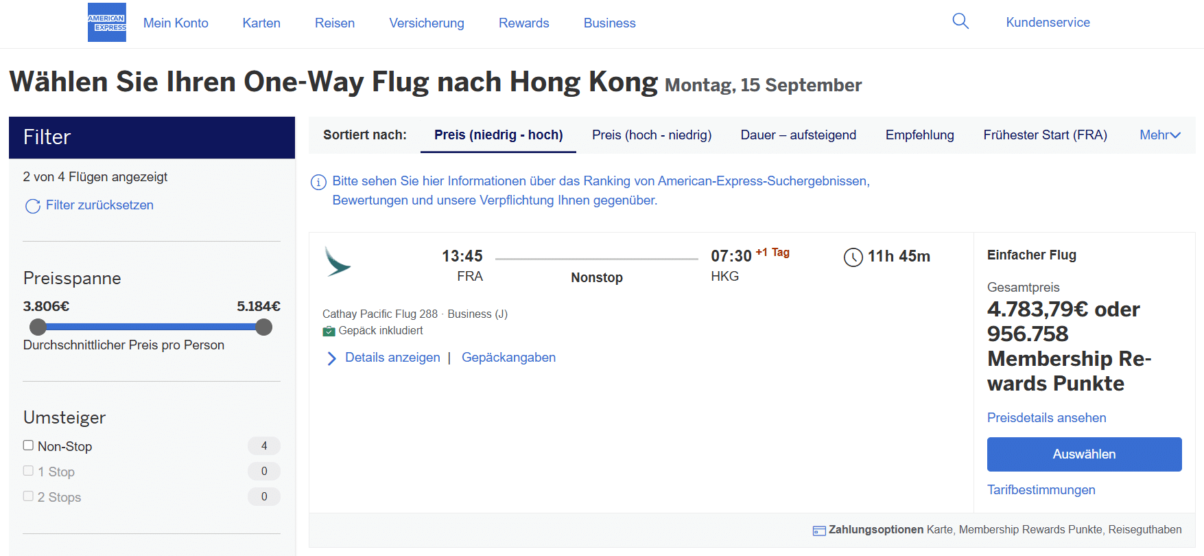 Beispiel Flug FRA HKG Cathay Pacific Buchung Amex Portal