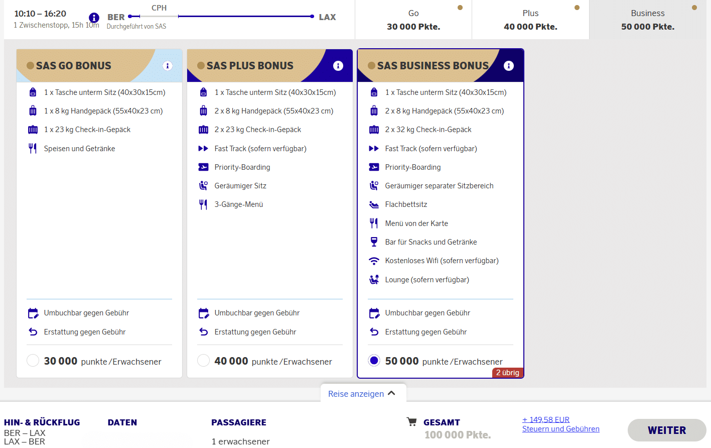Euro Bonus Award Flight BER LAX BER Business SAS