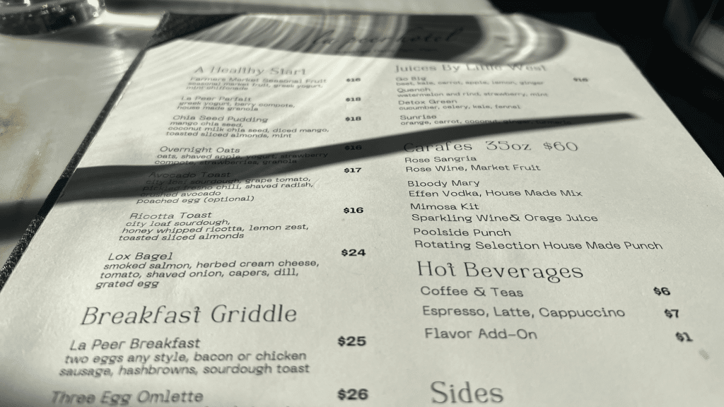 Kimpton La Peer Hotel West Hollywood Fruehstueckskarte