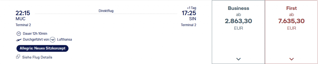 Screenshot Lufthansa Buchung Allegris Muenchen Singapur