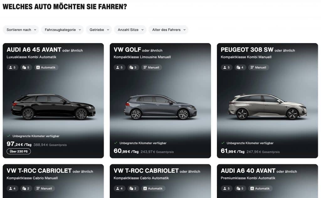 Die Fahrzeugauswahl Auf Der SIXT Webseite