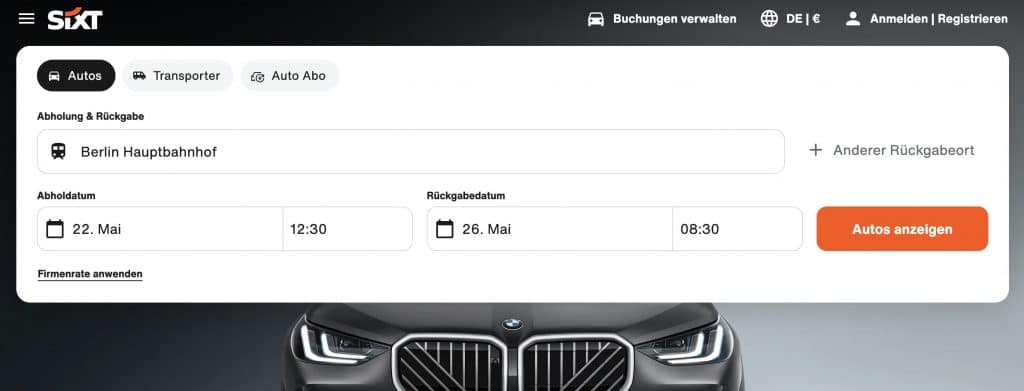 Die SIXT Rent Webseite