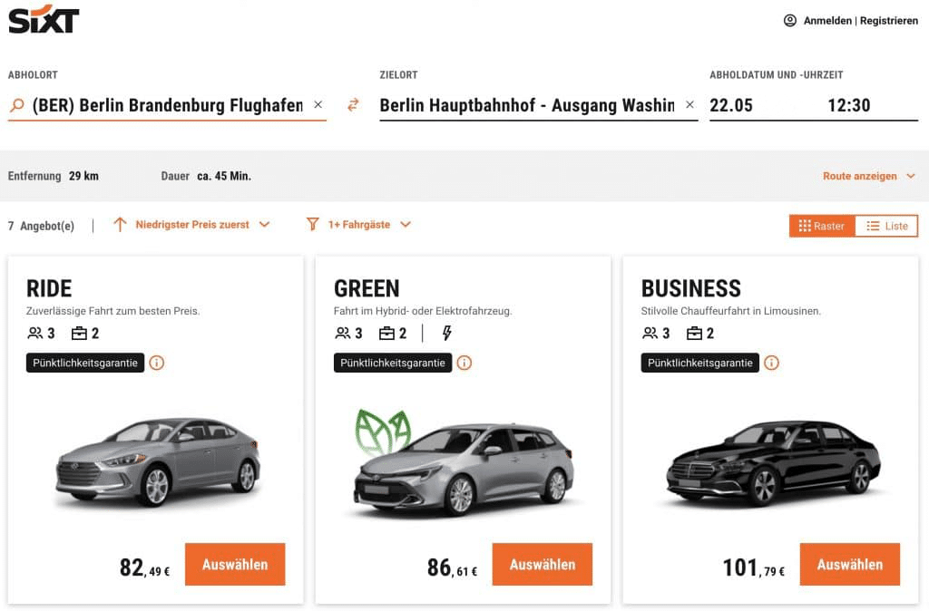 Die SIXT Ride Buchungsklassen