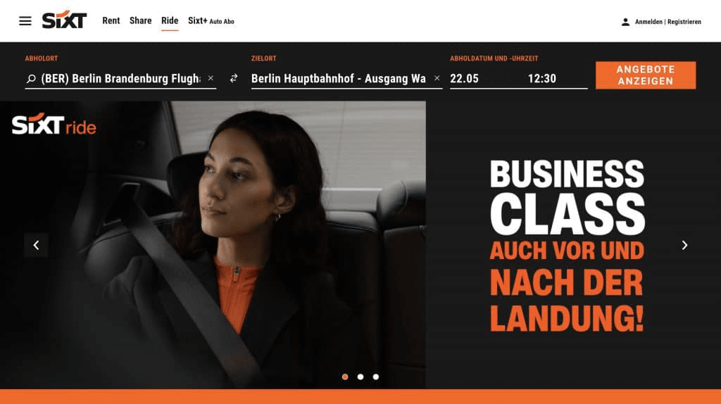Die SIXT Ride Uebersichtsseite