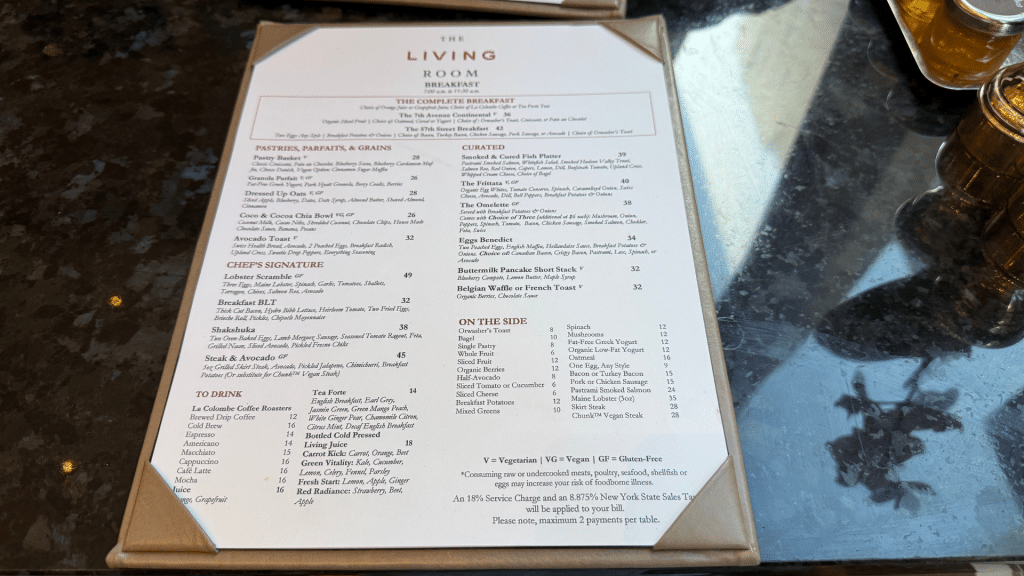 Park Hyatt New York Fruehstueckskarte