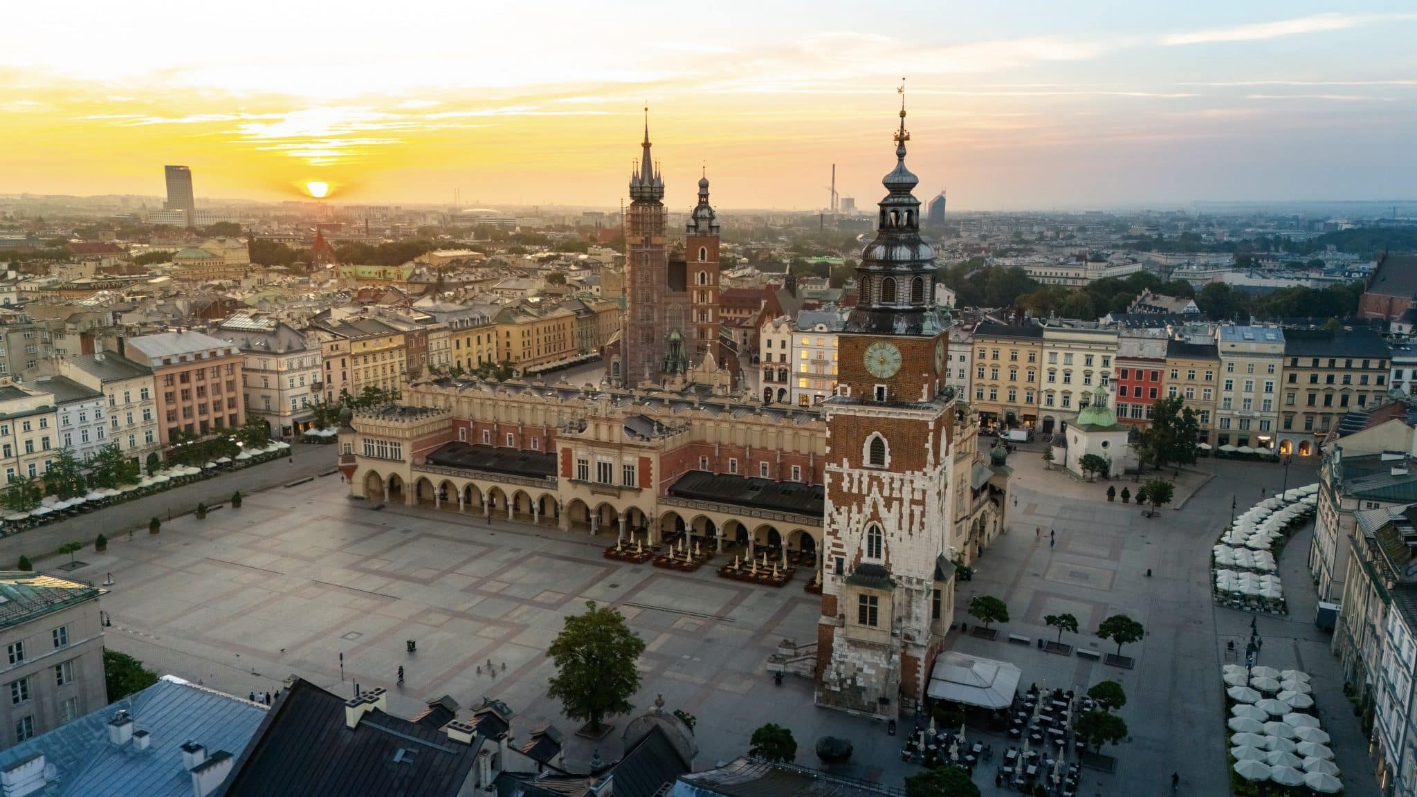 Central Market Square Of Krakow In Poland At Dawn In Summer View From Above