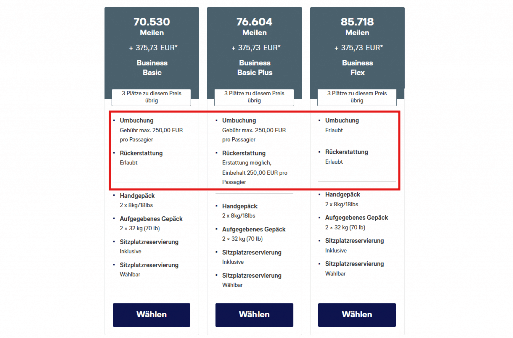 Award Flights Beispiel LH Dynamisches System Vergleich Tarife