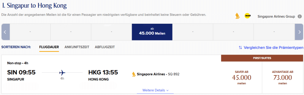 KrisFlyer Award Flight SIN HKG Suites First Class SQ