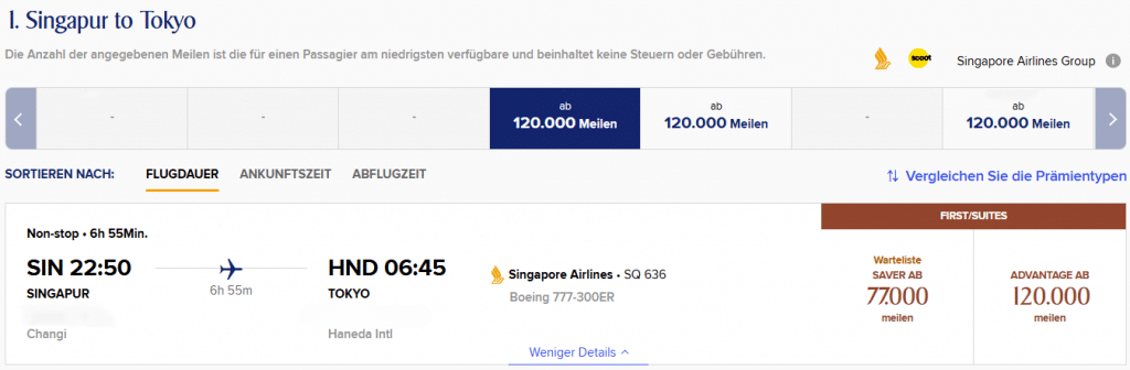 KrisFlyer Award Flight SIN HND First Class SQ Warteliste