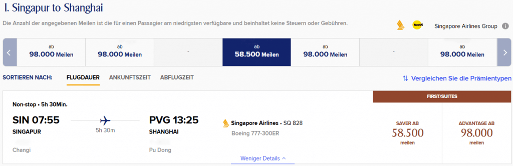 KrisFlyer Award Flight SIN PVG First Class SQ