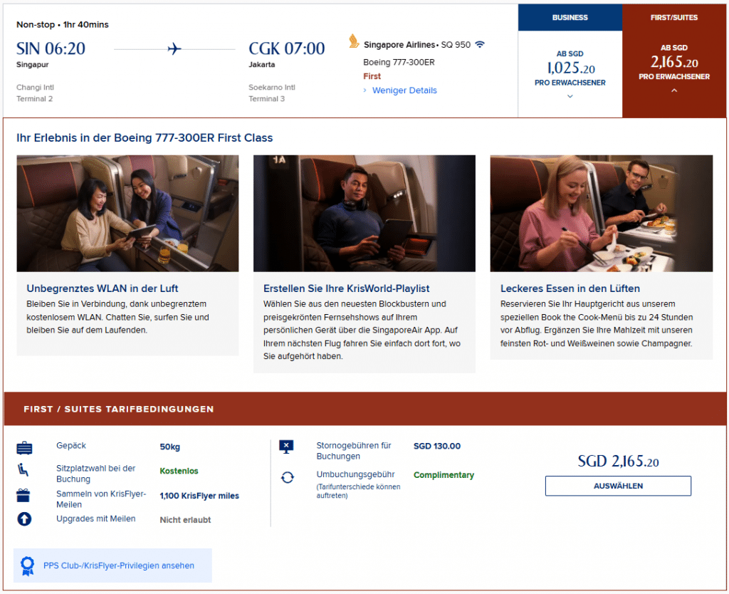 KrisFlyer Cash Flight SIN CGK First Class SQ