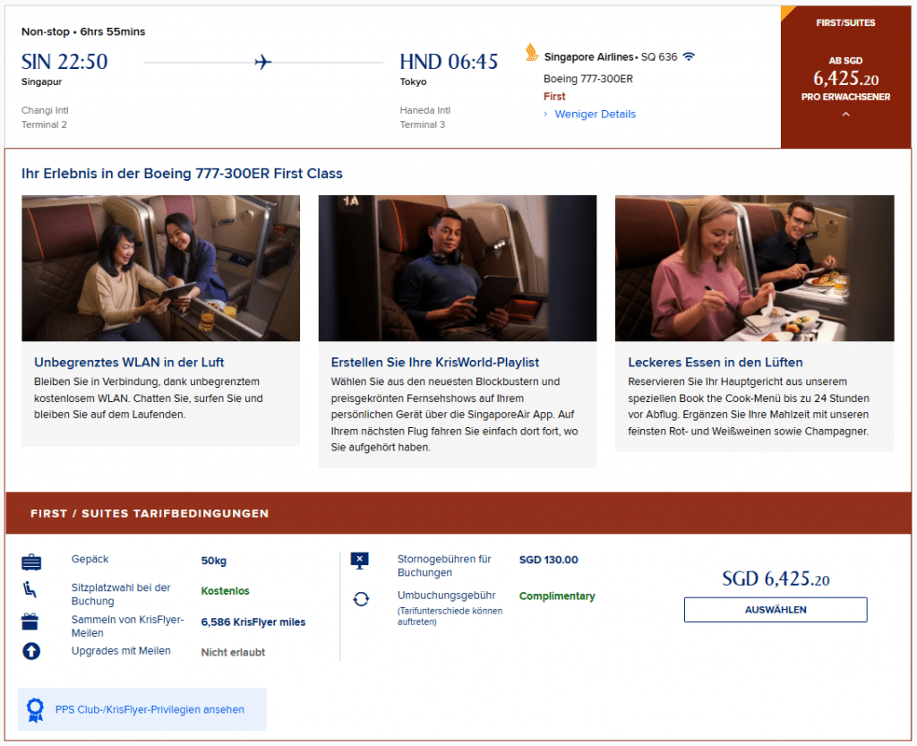 KrisFlyer Cash Flight SIN HND First Class SQ