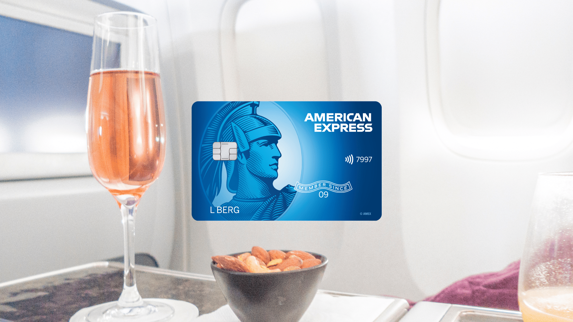 American Express Blue Flugzeug Sekt