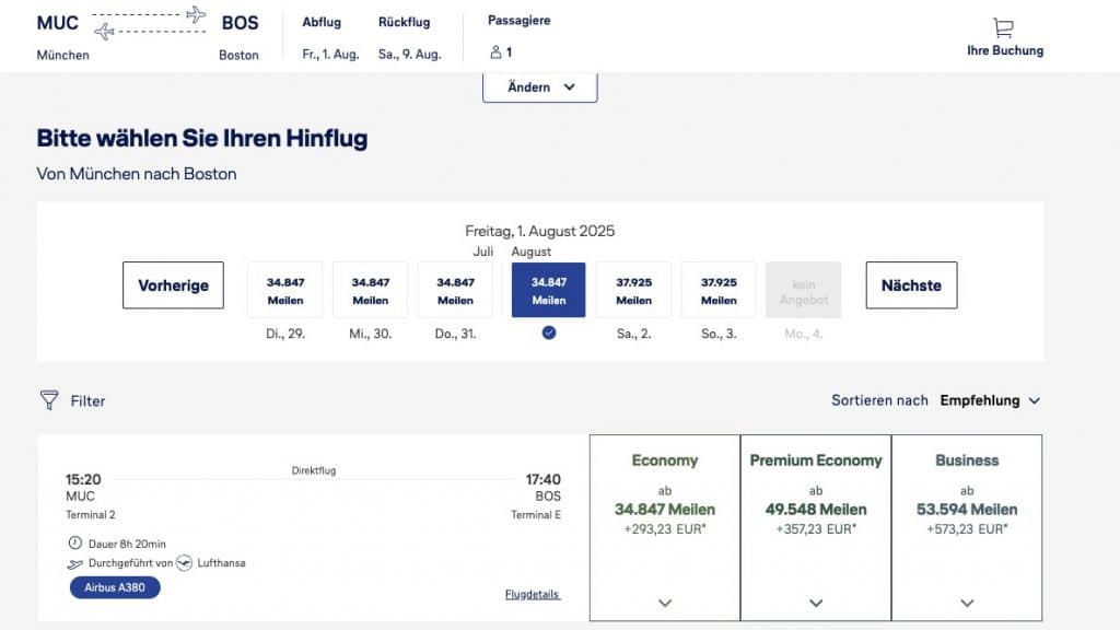 Award Flight Highlights regulärer Tarif Economy