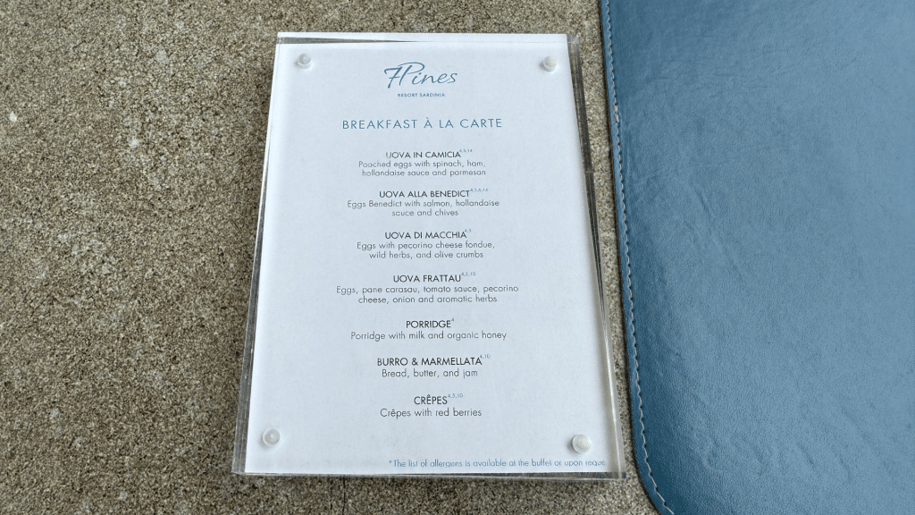 7pines Resort Sardinia Fruehstueckskarte